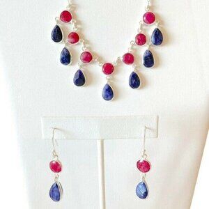 Genuine Ruby & Sapphire Sterling Silver Necklace Earrings Set Natural Gemstone